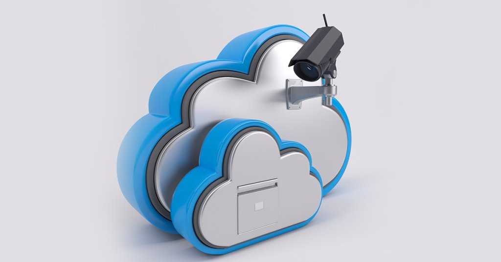 Cloud-Icons in 3D mit einer herausstehenden Überwachungskamera.