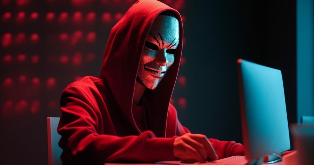 Hacker in rotem Anzug und weiper Maske geht seinen Aktivitäten am Laptop nach.