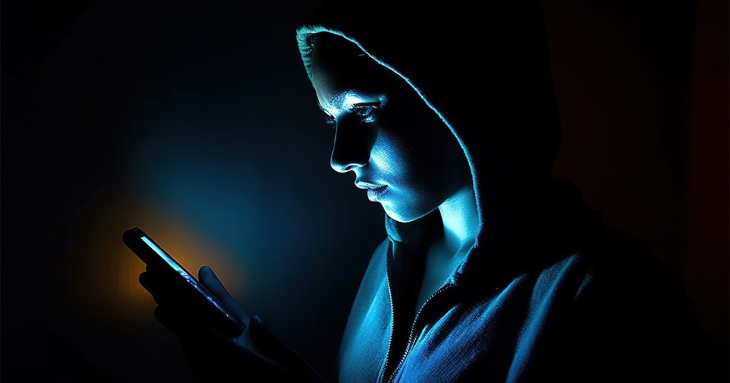 Eine Frau Mit Kaputze steht im Dunklen und hält Handy vor ihr Gesicht. Durch das Licht des Displays sind ihre Konturen erkenntlich.