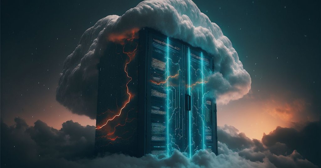 Ein Server ragt aus den Wolken heraus.