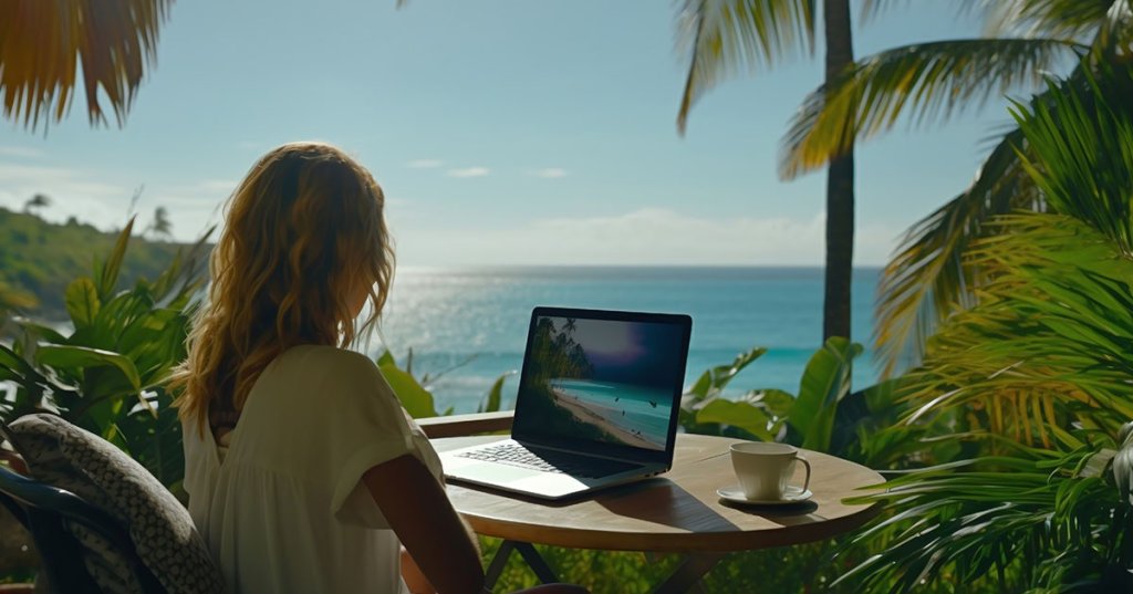 Frau sitzt im Urlaub am Meer und arbeitet mit Laptop an einem klein Tisch vor Palmen.